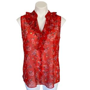 CAbi Crush Red Floral Chiffon Ruffle Sleeveless Tank Size S